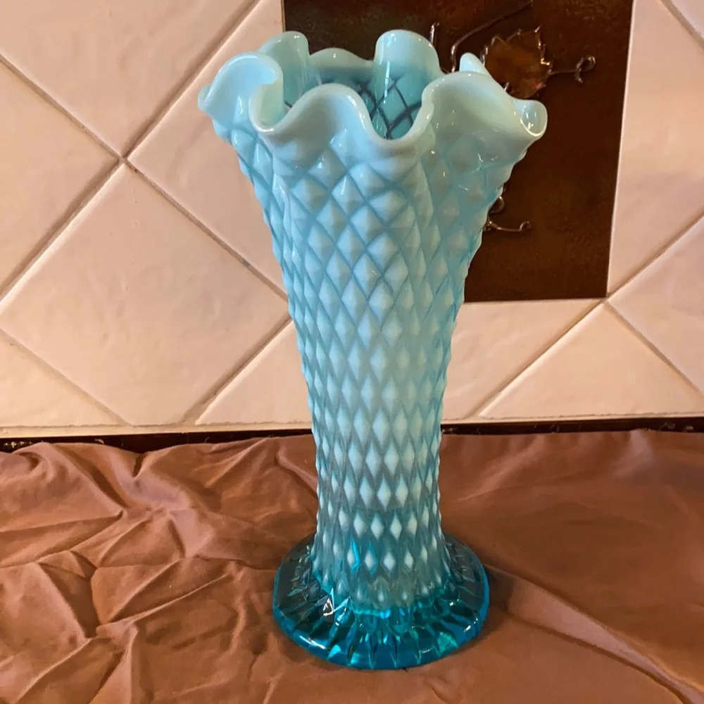 Vintage Opalescent Diamond Blue Vase Ruffled